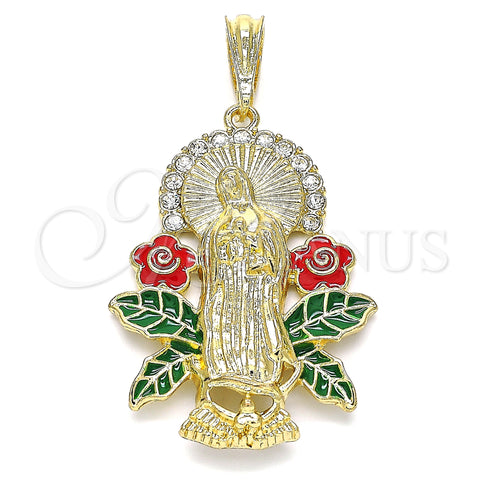 Oro Laminado Religious Pendant, Gold Filled Style Guadalupe and Flower Design, with White Crystal, Multicolor Enamel Finish, Golden Finish, 05.380.0037