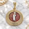 Oro Laminado Religious Pendant, Gold Filled Style San Judas and Greek Key Design, Polished, Tricolor, 05.380.0038