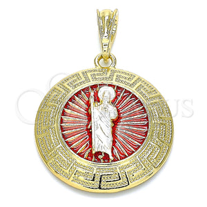 Gold Filled Pendant — Religious Pendant San Judas and Greek Key Design — main product view — SKU 140243 | Oro Laminado dije — Religious Pendant San Judas and Greek Key diseño — SKU 140243