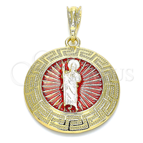 Oro Laminado Religious Pendant, Gold Filled Style San Judas and Greek Key Design, Polished, Tricolor, 05.380.0038