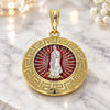 Oro Laminado Religious Pendant, Gold Filled Style Guadalupe and Greek Key Design, Polished, Tricolor, 05.380.0039