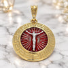 Oro Laminado Religious Pendant, Gold Filled Style Jesus and Greek Key Design, Polished, Tricolor, 05.380.0040