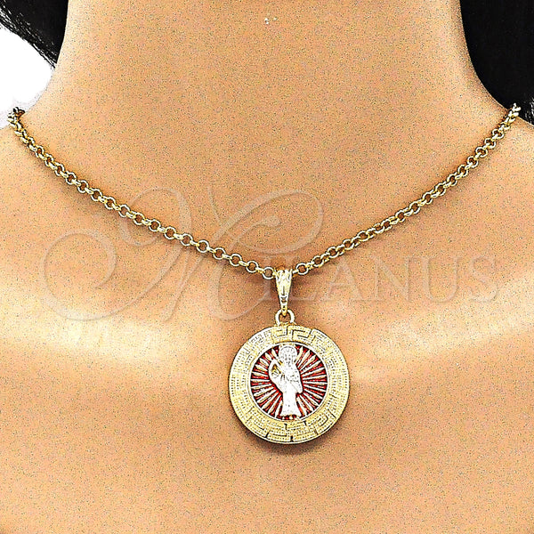 Gold Filled Pendant — Religious Pendant Santa Muerte and Greek Key Design — alternate product view — SKU 140246 | Oro Laminado dije — Religious Pendant Santa Muerte and Greek Key diseño — SKU 140246