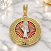 Oro Laminado Religious Pendant, Gold Filled Style Santa Muerte and Greek Key Design, Polished, Tricolor, 05.380.0041