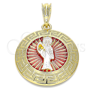 Gold Filled Pendant — Religious Pendant Santa Muerte and Greek Key Design — main product view — SKU 140246 | Oro Laminado dije — Religious Pendant Santa Muerte and Greek Key diseño — SKU 140246