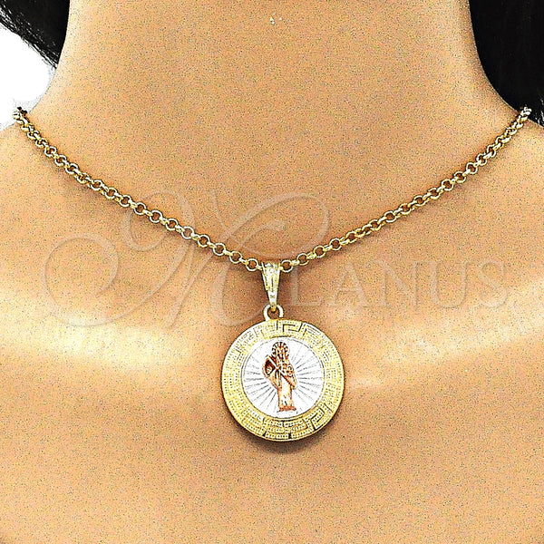 Gold Filled Pendant — Religious Pendant Santa Muerte and Greek Key Design — alternate product view — SKU 140249 | Oro Laminado dije — Religious Pendant Santa Muerte and Greek Key diseño — SKU 140249