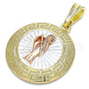 Oro Laminado Religious Pendant, Gold Filled Style Santa Muerte and Greek Key Design, Polished, Tricolor, 05.380.0041.1