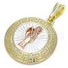 Oro Laminado Religious Pendant, Gold Filled Style Santa Muerte and Greek Key Design, Polished, Tricolor, 05.380.0041.1