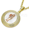 Oro Laminado Religious Pendant, Gold Filled Style Santa Muerte and Greek Key Design, Polished, Tricolor, 05.380.0041.1