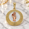 Oro Laminado Religious Pendant, Gold Filled Style Santa Muerte and Greek Key Design, Polished, Tricolor, 05.380.0041.1
