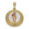 Oro Laminado Religious Pendant, Gold Filled Style Santa Muerte and Greek Key Design, Polished, Tricolor, 05.380.0041.1
