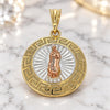 Oro Laminado Religious Pendant, Gold Filled Style Guadalupe and Greek Key Design, Polished, Tricolor, 05.380.0039.1