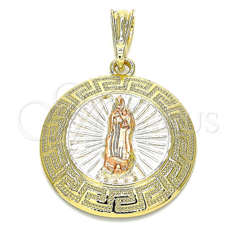 Oro Laminado Religious Pendant, Gold Filled Style Guadalupe and Greek Key Design, Polished, Tricolor, 05.380.0039.1