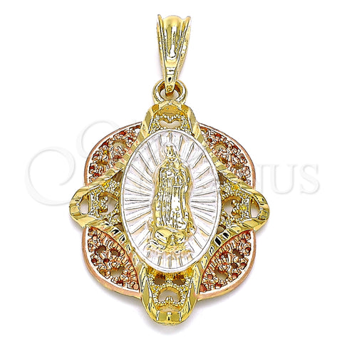 Oro Laminado Religious Pendant, Gold Filled Style Guadalupe Design, Polished, Tricolor, 05.380.0046