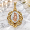 Oro Laminado Religious Pendant, Gold Filled Style Guadalupe Design, Polished, Tricolor, 05.380.0046.1