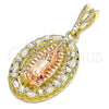 Oro Laminado Religious Pendant, Gold Filled Style Guadalupe Design, with White Crystal, Polished, Tricolor, 05.380.0045