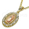 Oro Laminado Religious Pendant, Gold Filled Style Guadalupe Design, with White Crystal, Polished, Tricolor, 05.380.0045