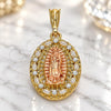 Oro Laminado Religious Pendant, Gold Filled Style Guadalupe Design, with White Crystal, Polished, Tricolor, 05.380.0045