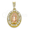 Oro Laminado Religious Pendant, Gold Filled Style Guadalupe Design, with White Crystal, Polished, Tricolor, 05.380.0045