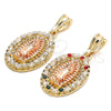 Oro Laminado Religious Pendant, Gold Filled Style Guadalupe Design, with White Crystal, Polished, Tricolor, 05.380.0045