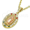 Oro Laminado Religious Pendant, Gold Filled Style Guadalupe Design, with Multicolor Crystal, Polished, Tricolor, 05.380.0045.1