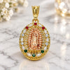 Oro Laminado Religious Pendant, Gold Filled Style Guadalupe Design, with Multicolor Crystal, Polished, Tricolor, 05.380.0045.1