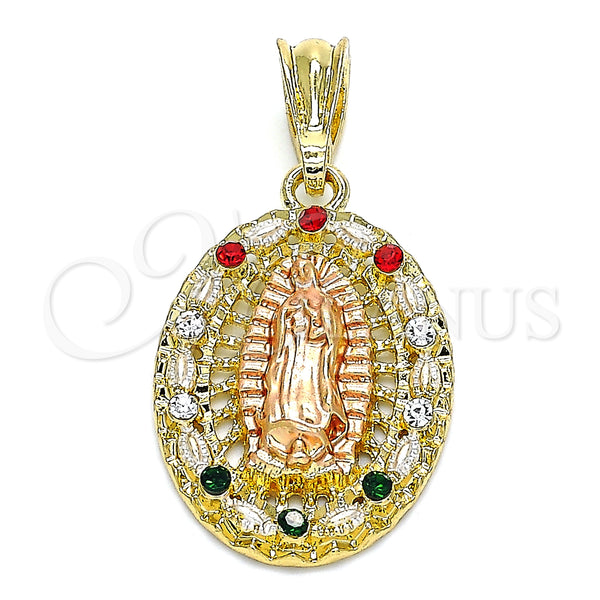 Gold Filled Pendant — Religious Pendant Guadalupe Design with Multicolor Crystal Polished — main product view — SKU 140260 | Oro Laminado dije — Religious Pendant Guadalupe diseño with Multicolor cristal pulido — SKU 140260