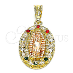 Gold Filled Pendant — Religious Pendant Guadalupe Design with Multicolor Crystal Polished — main product view — SKU 140260 | Oro Laminado dije — Religious Pendant Guadalupe diseño with Multicolor cristal pulido — SKU 140260