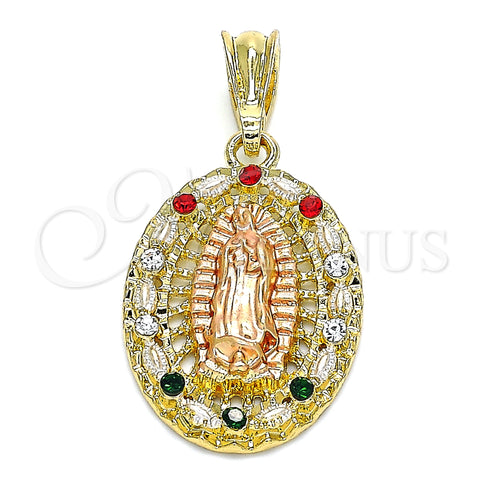 Oro Laminado Religious Pendant, Gold Filled Style Guadalupe Design, with Multicolor Crystal, Polished, Tricolor, 05.380.0045.1
