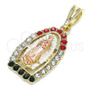 Oro Laminado Religious Pendant, Gold Filled Style Guadalupe Design, with Multicolor Crystal, Polished, Tricolor, 05.380.0048.1