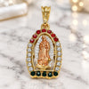 Oro Laminado Religious Pendant, Gold Filled Style Guadalupe Design, with Multicolor Crystal, Polished, Tricolor, 05.380.0048.1