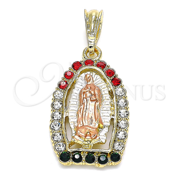 Gold Filled Pendant — Religious Pendant Guadalupe Design with Multicolor Crystal Polished — main product view — SKU 140262 | Oro Laminado dije — Religious Pendant Guadalupe diseño with Multicolor cristal pulido — SKU 140262
