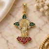 Oro Laminado Religious Pendant, Gold Filled Style Guadalupe and Flower Design, with White Crystal, Multicolor Enamel Finish, Golden Finish, 05.380.0049