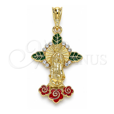 Oro Laminado Religious Pendant, Gold Filled Style Guadalupe and Flower Design, with White Crystal, Multicolor Enamel Finish, Golden Finish, 05.380.0049