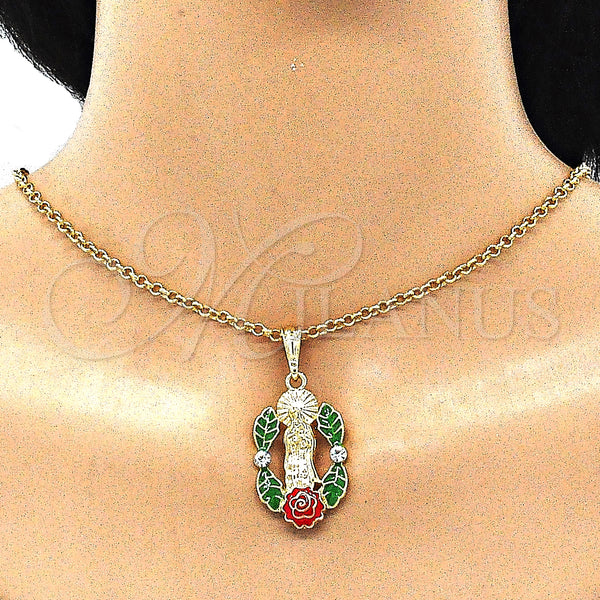 Gold Filled Pendant — Religious Pendant Guadalupe and Flower Design with White — alternate product view — SKU 140264 | Oro Laminado dije — Religious Pendant Guadalupe and flor diseño with blanco — SKU 140264