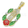 Oro Laminado Religious Pendant, Gold Filled Style Guadalupe and Flower Design, with White Crystal, Multicolor Enamel Finish, Golden Finish, 05.380.0050