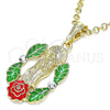 Oro Laminado Religious Pendant, Gold Filled Style Guadalupe and Flower Design, with White Crystal, Multicolor Enamel Finish, Golden Finish, 05.380.0050