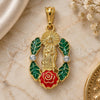 Oro Laminado Religious Pendant, Gold Filled Style Guadalupe and Flower Design, with White Crystal, Multicolor Enamel Finish, Golden Finish, 05.380.0050