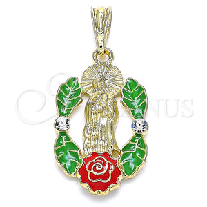 Gold Filled Pendant — Religious Pendant Guadalupe and Flower Design with White — main product view — SKU 140264 | Oro Laminado dije — Religious Pendant Guadalupe and flor diseño with blanco — SKU 140264