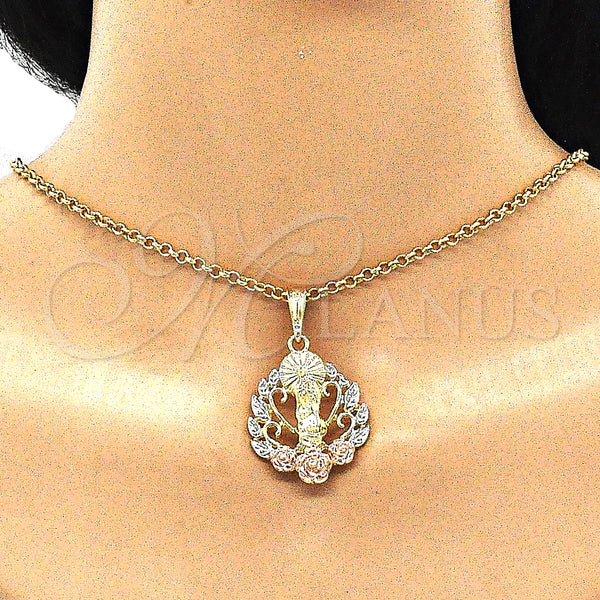Gold Filled Pendant — Religious Pendant Guadalupe and Flower Design Polished Tricolor — alternate product view — SKU 140265 | Oro Laminado dije — Religious Pendant Guadalupe and flor diseño pulido Tricolor — SKU 140265