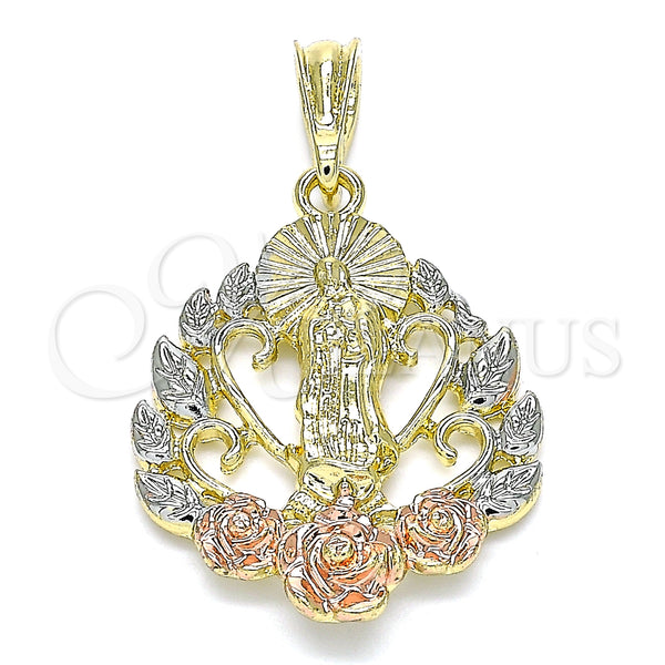 Gold Filled Pendant — Religious Pendant Guadalupe and Flower Design Polished Tricolor — main product view — SKU 140265 | Oro Laminado dije — Religious Pendant Guadalupe and flor diseño pulido Tricolor — SKU 140265