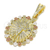 Oro Laminado Religious Pendant, Gold Filled Style Divino NiÃ±o and Flower Design, Polished, Tricolor, 05.380.0056