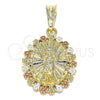 Oro Laminado Religious Pendant, Gold Filled Style Divino NiÃ±o and Flower Design, Polished, Tricolor, 05.380.0056