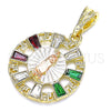Oro Laminado Religious Pendant, Gold Filled Style Guadalupe and Greek Key Design, with Multicolor Crystal, Polished, Tricolor, 05.380.0057