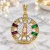 Oro Laminado Religious Pendant, Gold Filled Style Guadalupe and Greek Key Design, with Multicolor Crystal, Polished, Tricolor, 05.380.0057