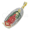 Oro Laminado Religious Pendant, Gold Filled Style Guadalupe Design, with Multicolor Crystal, Polished, Tricolor, 05.380.0059