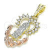 Oro Laminado Religious Pendant, Gold Filled Style Guadalupe and Heart Design, with White Crystal, Polished, Tricolor, 05.380.0060
