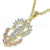 Oro Laminado Religious Pendant, Gold Filled Style Guadalupe and Heart Design, with White Crystal, Polished, Tricolor, 05.380.0060