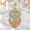 Oro Laminado Religious Pendant, Gold Filled Style Guadalupe and Heart Design, with White Crystal, Polished, Tricolor, 05.380.0060