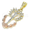 Oro Laminado Religious Pendant, Gold Filled Style Jesus and Heart Design, with White Crystal, Polished, Tricolor, 05.380.0061